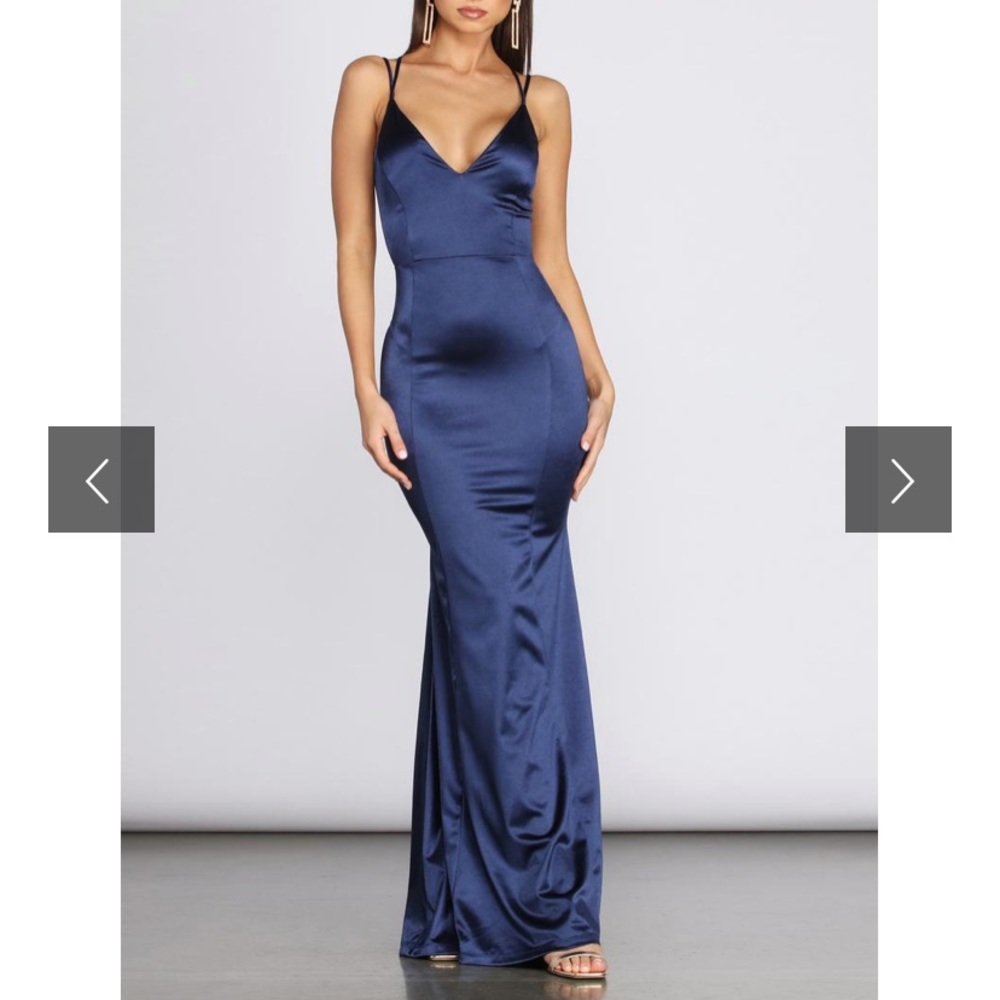 Long Navy Blue Satin Gown